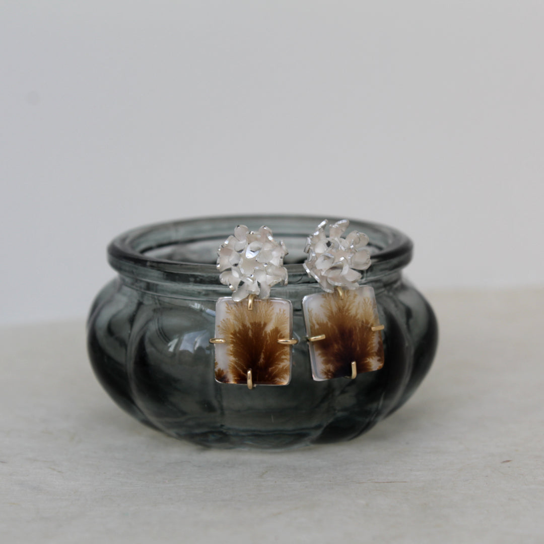 Chrysant oorbellen zilver met dendrietagaten