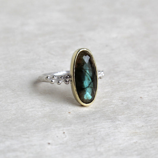 Zilveren ring met Labradoriet in gouden zetkast.